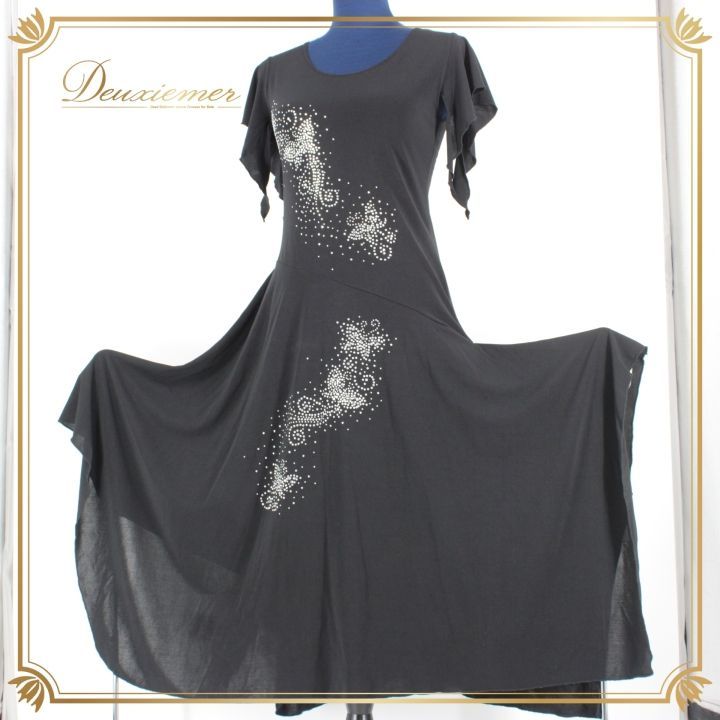 社交ダンス 衣装 ドレス ワンピース レッスンウェア パーティ衣装 女性用 レディース オールシーズン 黒 prima boutique プリマブティック ブラック系 ラインストーン 半袖 ストレッチ ゆったり 着心地良い 演出効果 大人