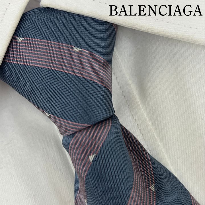 《美品》BALENCIAGA (バレンシアガ) シルクネクタイ  総柄 レジメンタルストライプ グレー ピンク 白