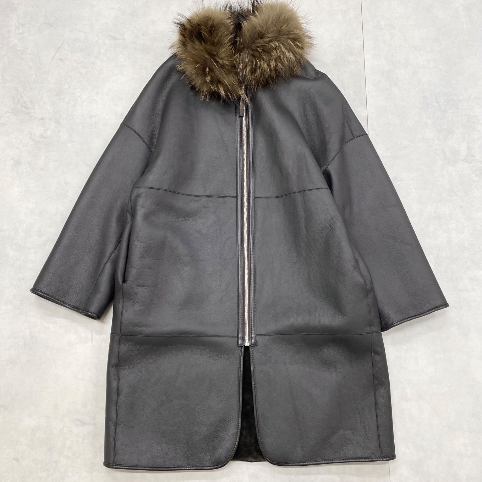 Sov. ソヴ ムートンコート ファー ロング リバーシブル シープ ラクーン ブラウン レディース 38