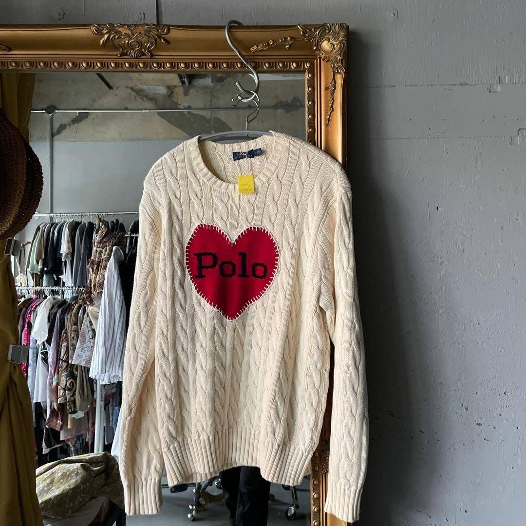 ポロ ラルフローレン poloRalphLauren ニット Sサイズ 36 7号 ハート 刺繍 ホワイト オフホワイト アイボリー 白 シロ 赤 RED レッド 朱色 お呼ばれ デート オフィスカジュアル 食事会 ケーブル