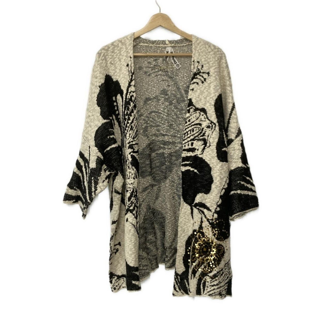 Desigual デシグアル カーディガン サイズEUR M レディース - アイボリー×黒 長袖 スパンコール フラワー 花 ロング丈
