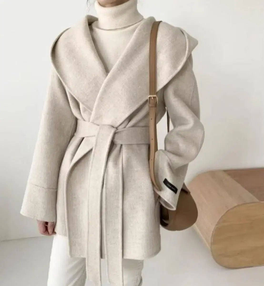 オートミール アイボリー フード カラ― ウール ハーフ コート
