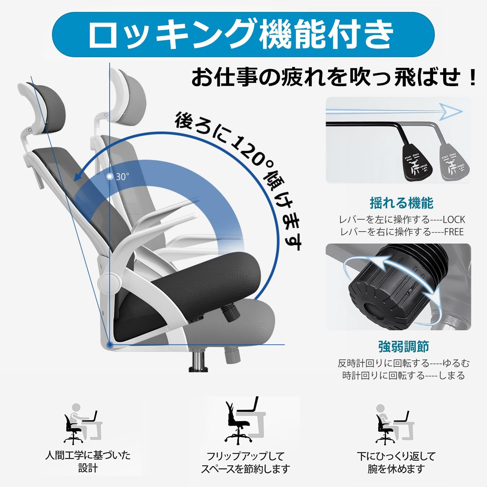 Supzmg オフィスチェア 椅子 テレワーク 疲れない デスクチェア パソコンチェア ワークチェア 通気性メッシュ 跳ね上げ式アームレスト ロッキング機能 在宅勤務 事務 勉強椅子 H-WY15 黒網 白枠 白足 MARWIL-DEMENAGEMENTS_CH
