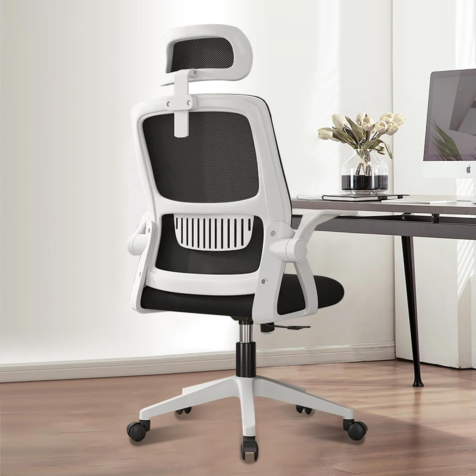 Supzmg オフィスチェア 椅子 テレワーク 疲れない デスクチェア パソコンチェア ワークチェア 通気性メッシュ 跳ね上げ式アームレスト ロッキング機能 在宅勤務 事務 勉強椅子 H-WY15 黒網 白枠 白足
