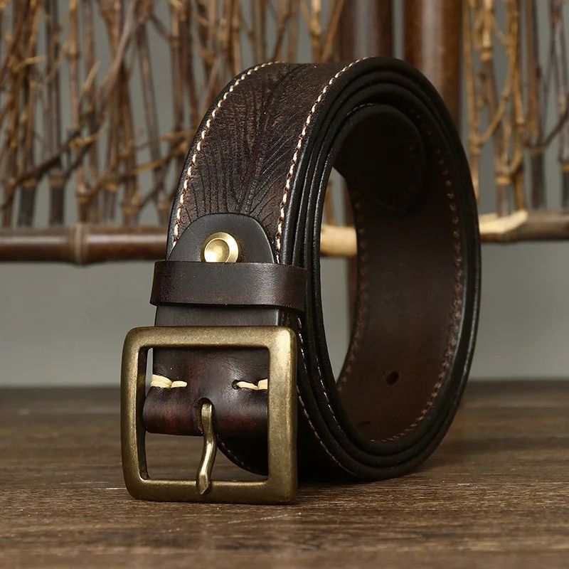 本革ベルト メンズ 3.8 cm 手彫りレザー × 真鍮バックル ヴィンテージ仕上げ ハンドメイド 手作り ギフト デザイン カジュアル シンプル 贈り物 PD 020