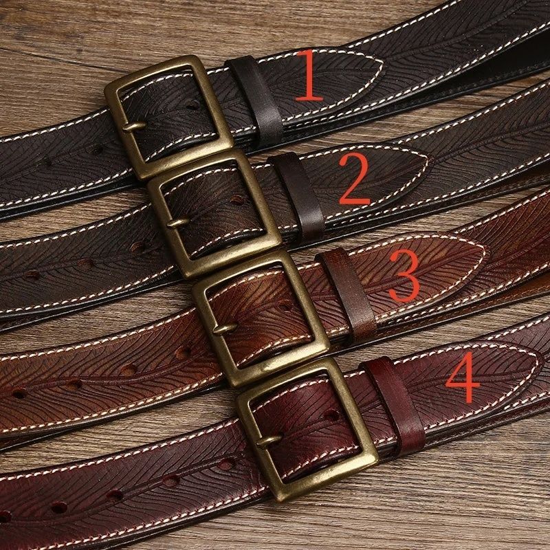 本革ベルト メンズ 3.8 cm 手彫りレザー × 真鍮バックル ヴィンテージ仕上げ ハンドメイド 手作り ギフト デザイン カジュアル シンプル 贈り物 PD 020