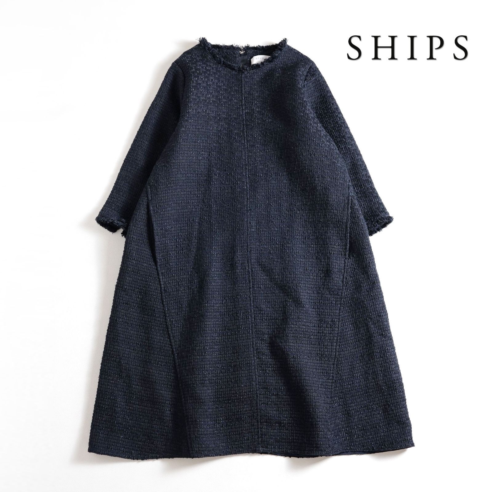 730t SHIPS シップス スラブ ツイード ワンピース サイズ ネイビー