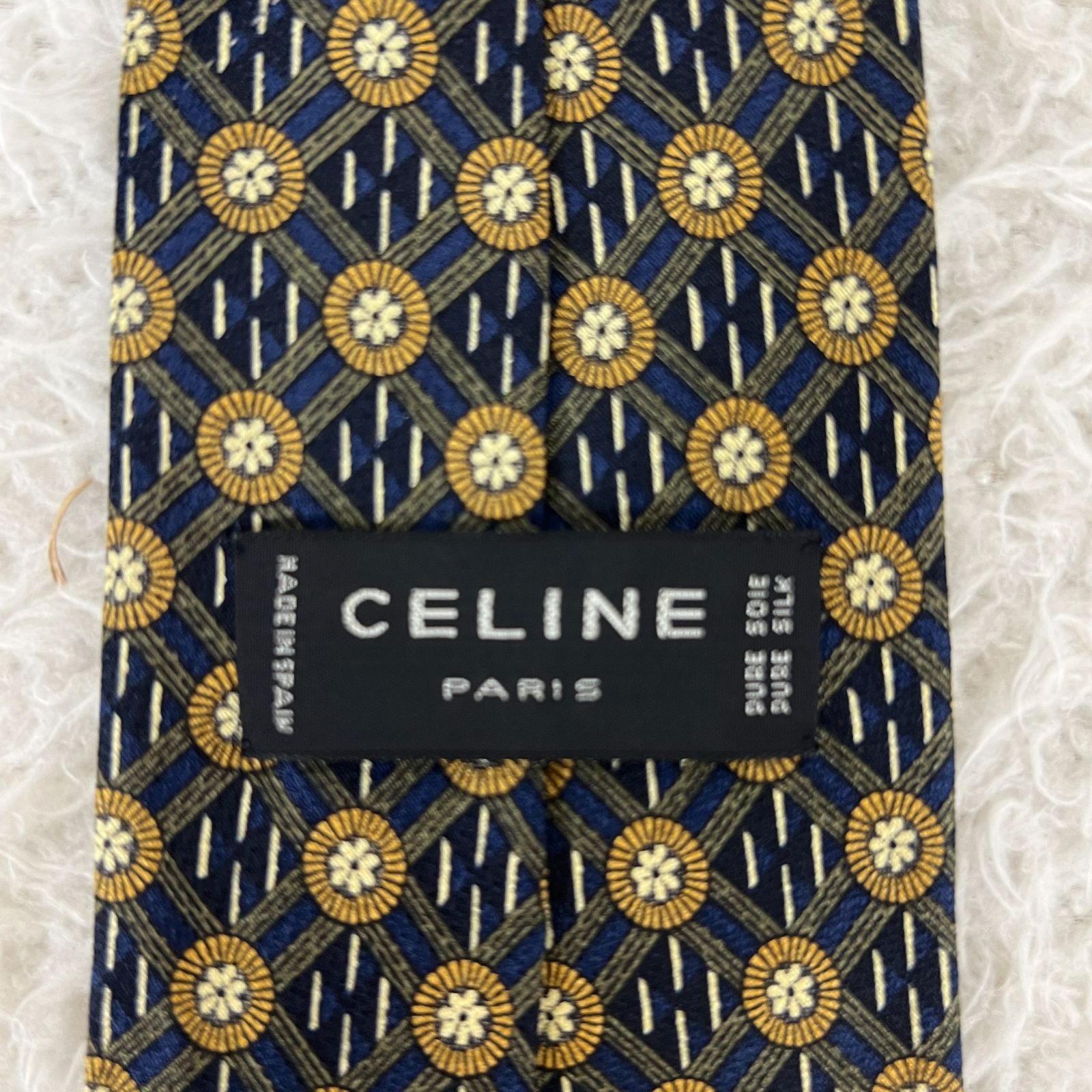 美品》CELINE (セリーヌ) シルクネクタイ スペイン製 総柄 花 小紋 紺