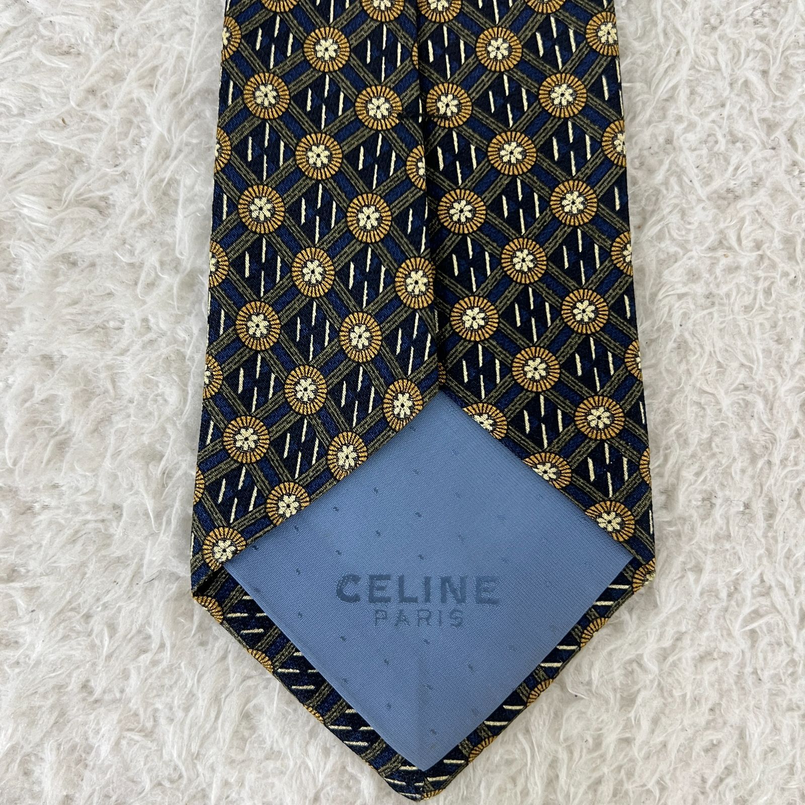 2319 【美品】 セリーヌ ネクタイ 小紋柄 美品》CELINE (セリーヌ) シルクネクタイ スペイン製 総柄 花 小紋 紺