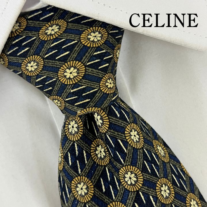 美品》CELINE (セリーヌ) シルクネクタイ スペイン製 総柄 花 小紋 紺