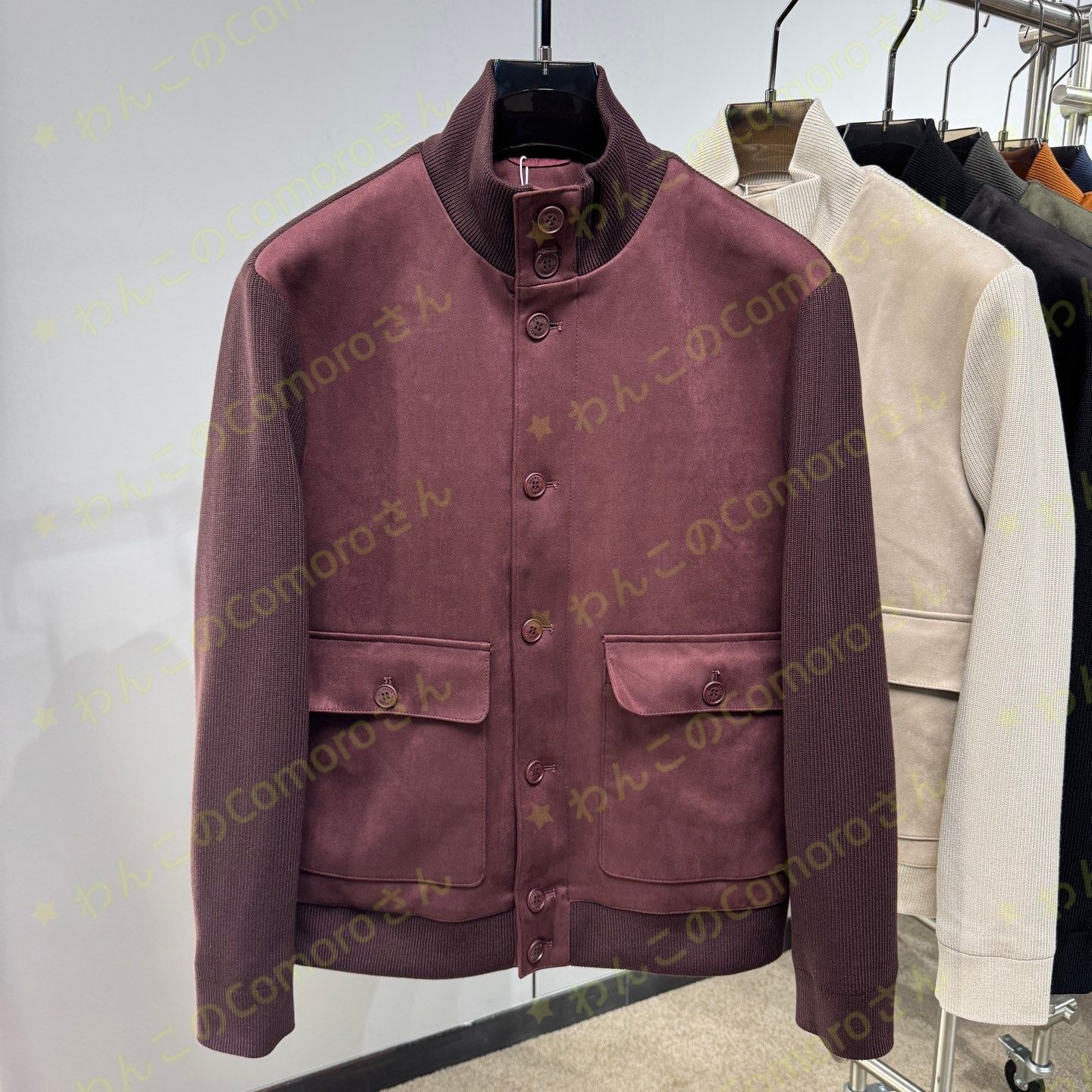 パープルM 3XL ブルネロクチネリ メンズダウンジャケット ビジネスカジュアル スエードニット切替 秋冬シーズン向け