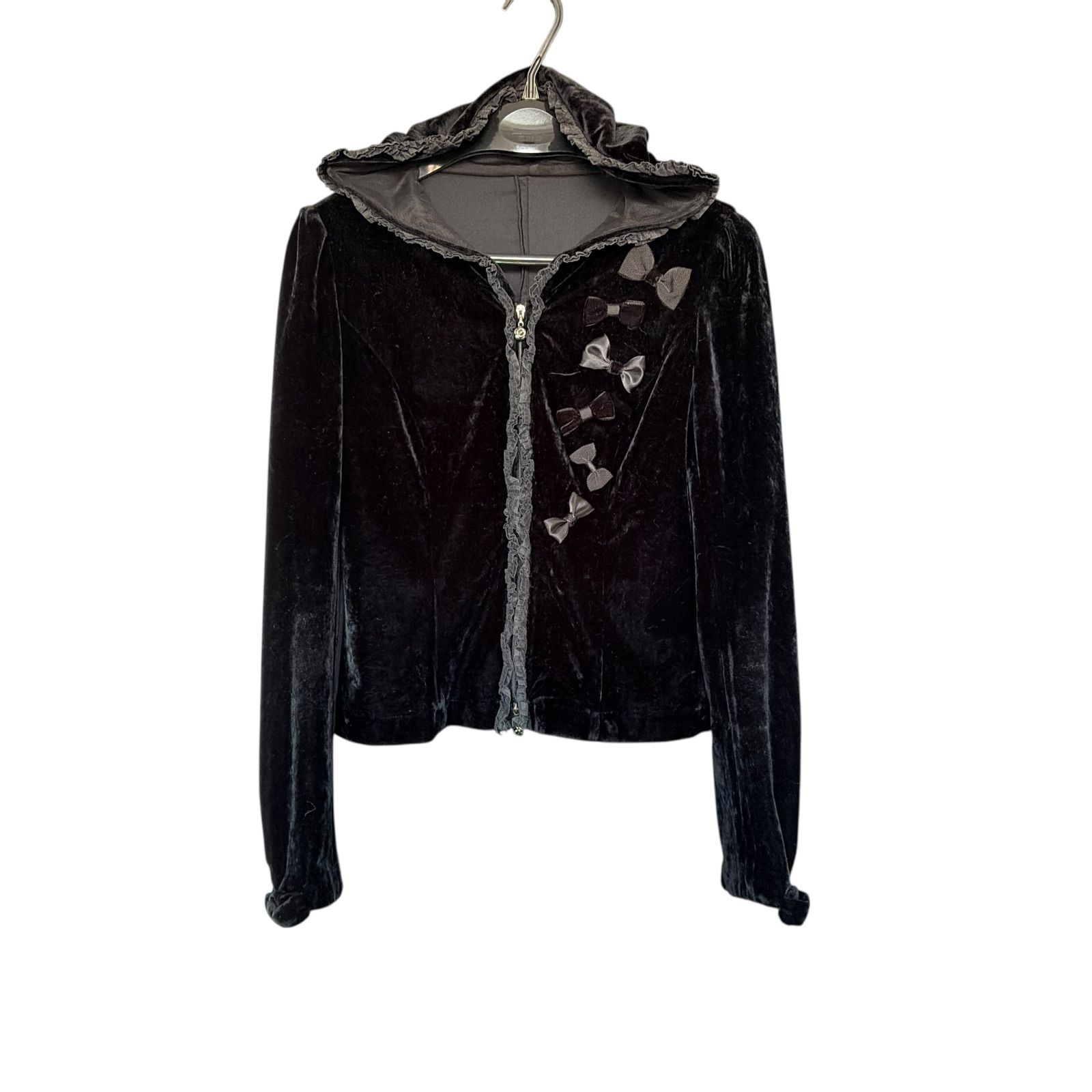 Z1589 ルネ 洗える カーディガン 長袖 パーカー ブラック 黒 ベロア