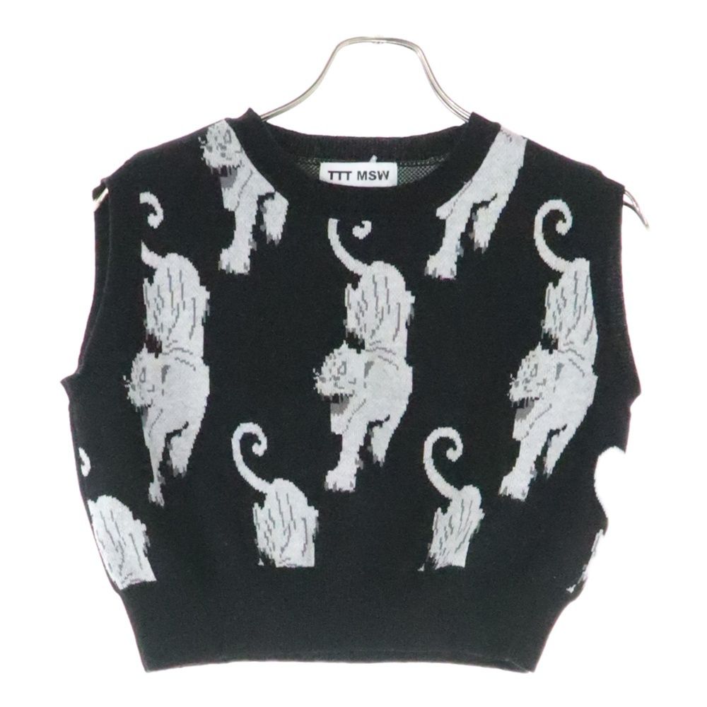 TTT_MSW ティーモダンストリートウェア PANTHER KNIT VEST パンサー 総柄 Vネック ニット ベスト レディース ブラック TTT-2021AW-KT04