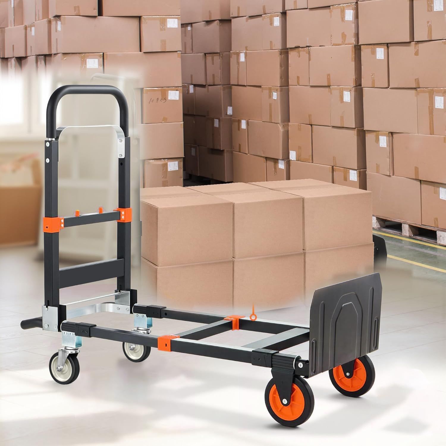  アウトドア 旅行 キャンプ 倉庫 農業 輸送 ショッピング 防災用 引っ越し 荷物運搬 小さい 軽量 階段登り神器 高さ調節 2-in-1折りたたみ式ハンドトラック 110 x 41.5 cm 台車 ブラック-オレンジ ハンドトラッ 台車 DIY 工具