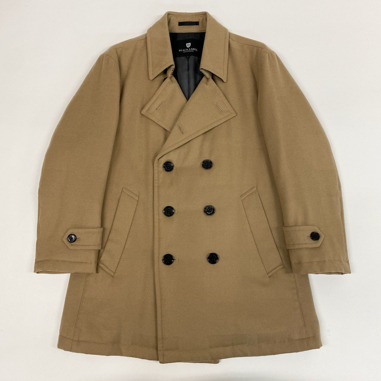 84 j 5 BLACK LABEL ブラックレーベル クレストブリッジ チェック柄 ダウン ピーコート ハーフコート ジャケット 51 F 15-614-46 Lサイズ ベージュ ウール 羊毛 メンズo 07 t