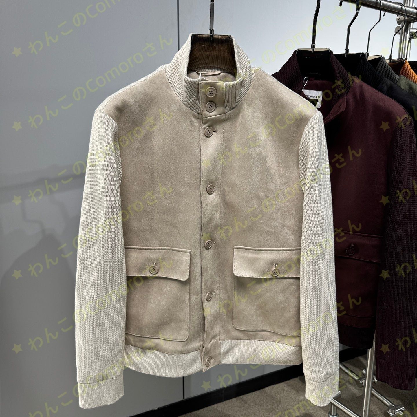 ベージュM 3XL ブルネロクチネリ メンズダウンジャケット ビジネスカジュアル スエードニット切替 秋冬シーズン向け
