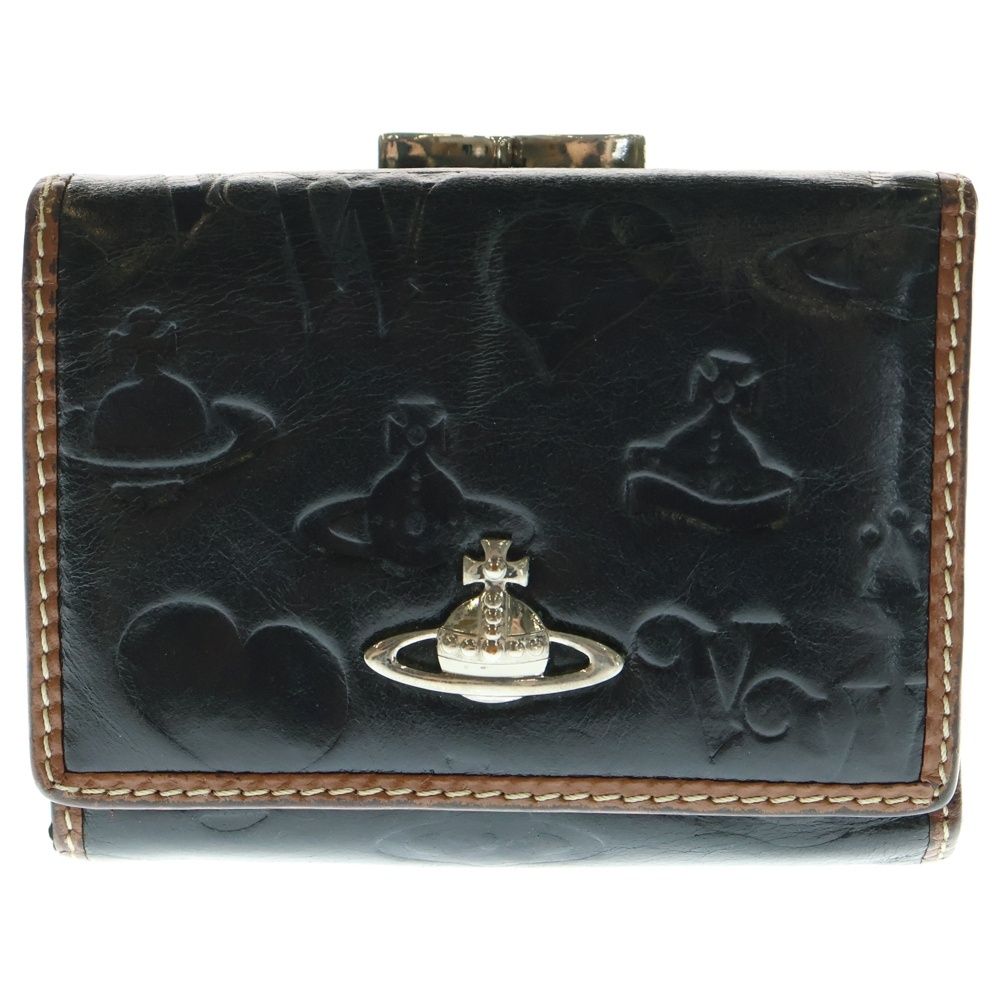 Vivienne Westwood ヴィヴィアンウエストウッド アウトサイドステッチ オーブロゴプレート レザー 三つ折り コンパクトウォレット 財布 ブラック ブラウン