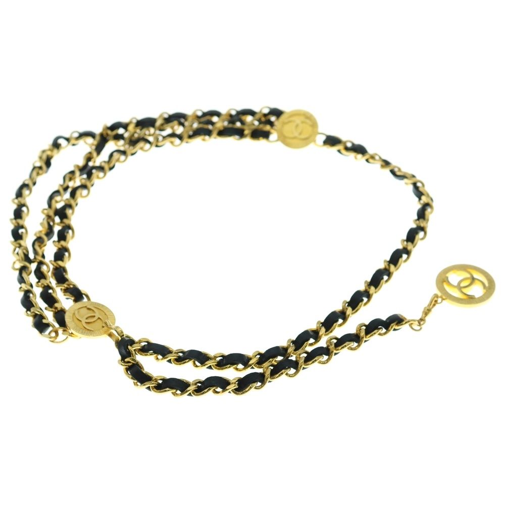 CHANEL シャネル ココマーク ロゴプレート 3連 レザー チェーン ベルト ブラック ゴールド