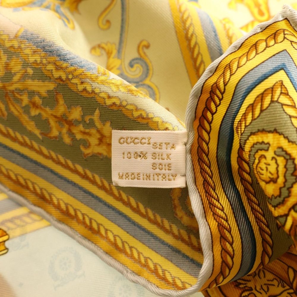 グッチ シルク100% 総柄 イエロー系 陶器柄 85×85cm位 イタリア製 グッチ シルク100% 総柄 イエロー系 陶器柄 85×85cm位 イタリア製