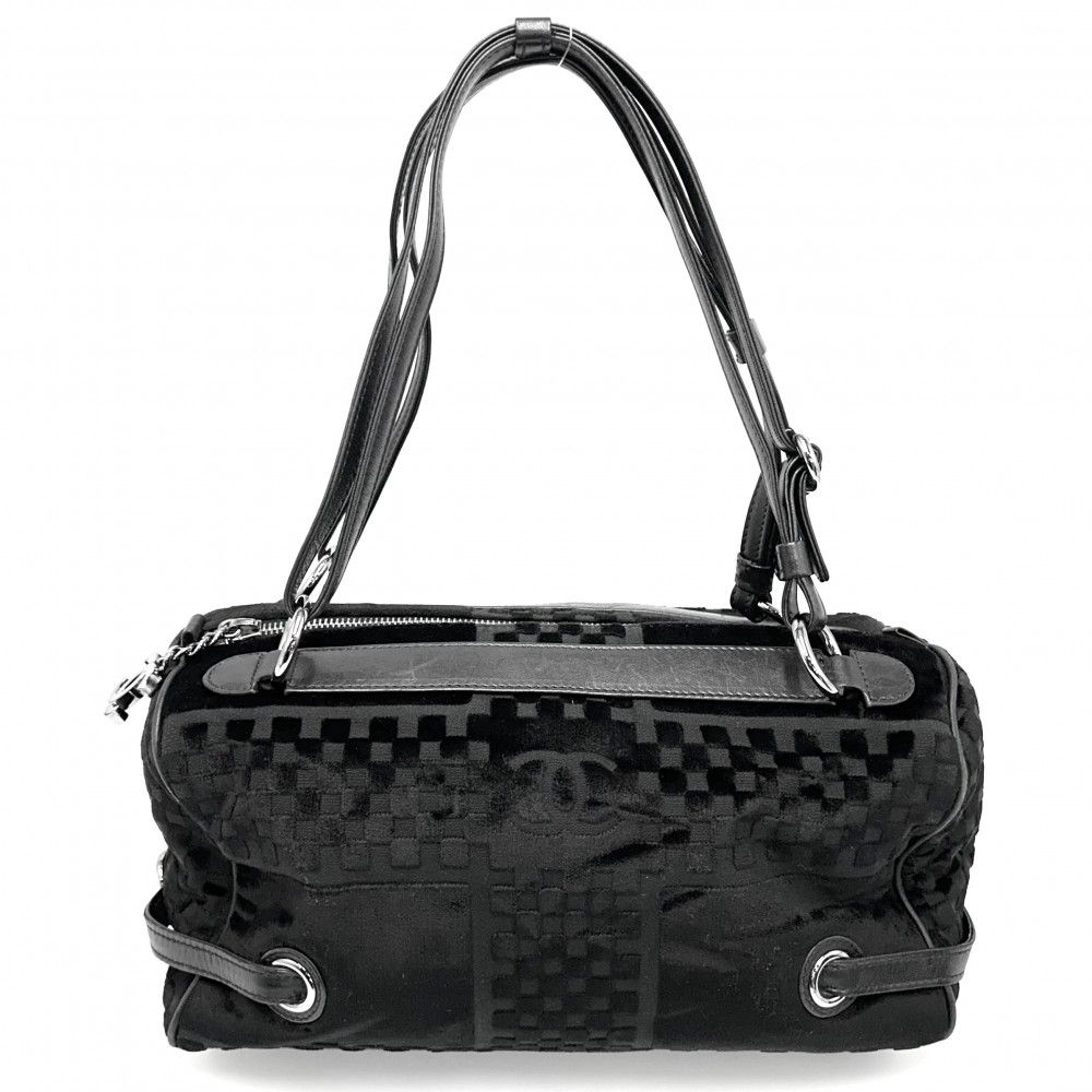 シャネル ハンドバッグ レディース トートバッグ ココマーク CHANEL ベロア レザー ブラック 黒 シルバー金具 品