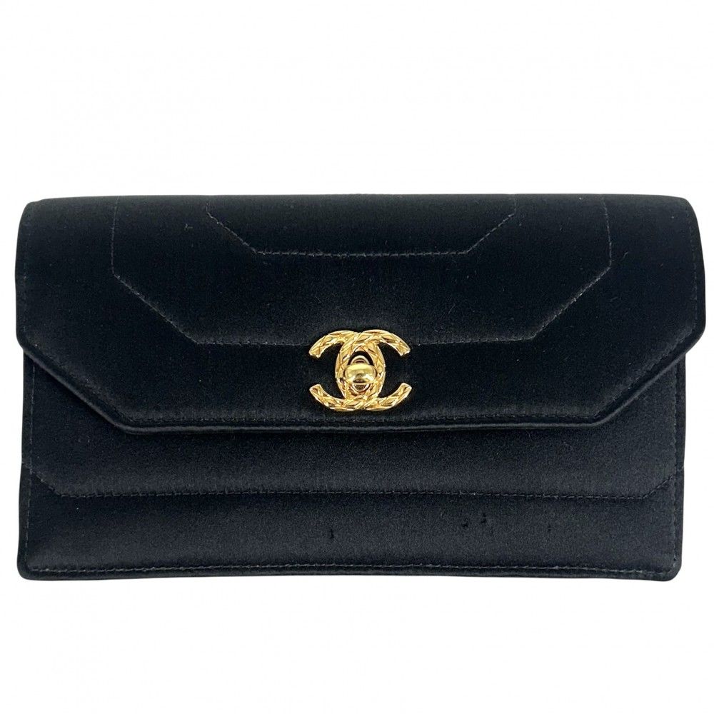シャネル クラッチバッグ レディース ココマーク セカンドバッグ ターンロック ポーチ ヴィンテージ CHANEL サテン ブラック 黒 ゴールド金具 品