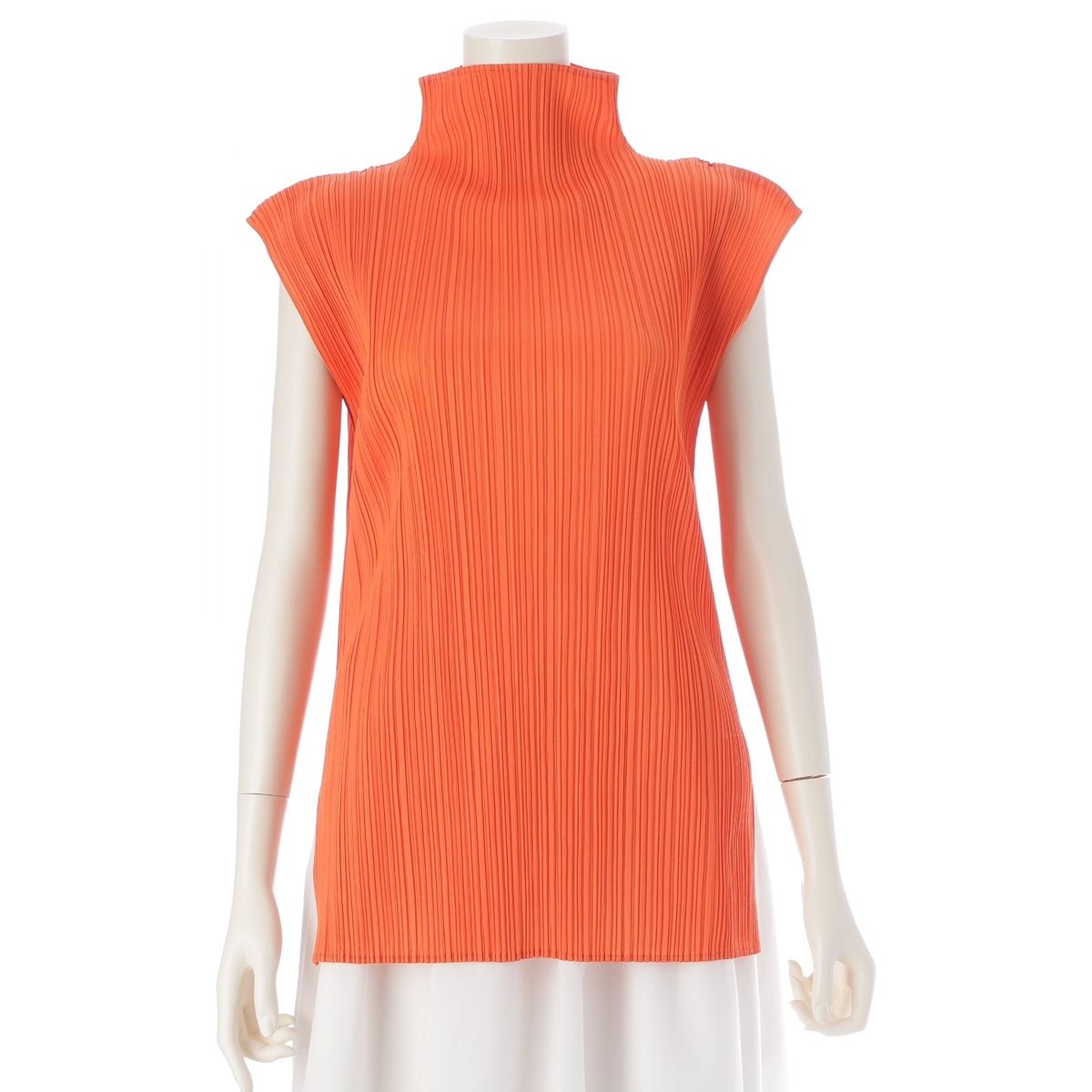 プリーツプリーズ イッセイミヤケ ノースリーブ ハイネック チュニック ミニ ワンピース PP61-JK203 オレンジ フリーサイズ【】