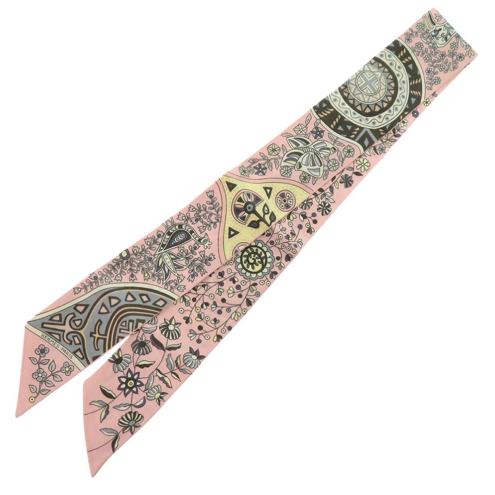 エルメス ツイリー L Arbre de Vie 生命の木 シルク ローズペール グリス ジョーヌ スカーフ 0154 HERMES