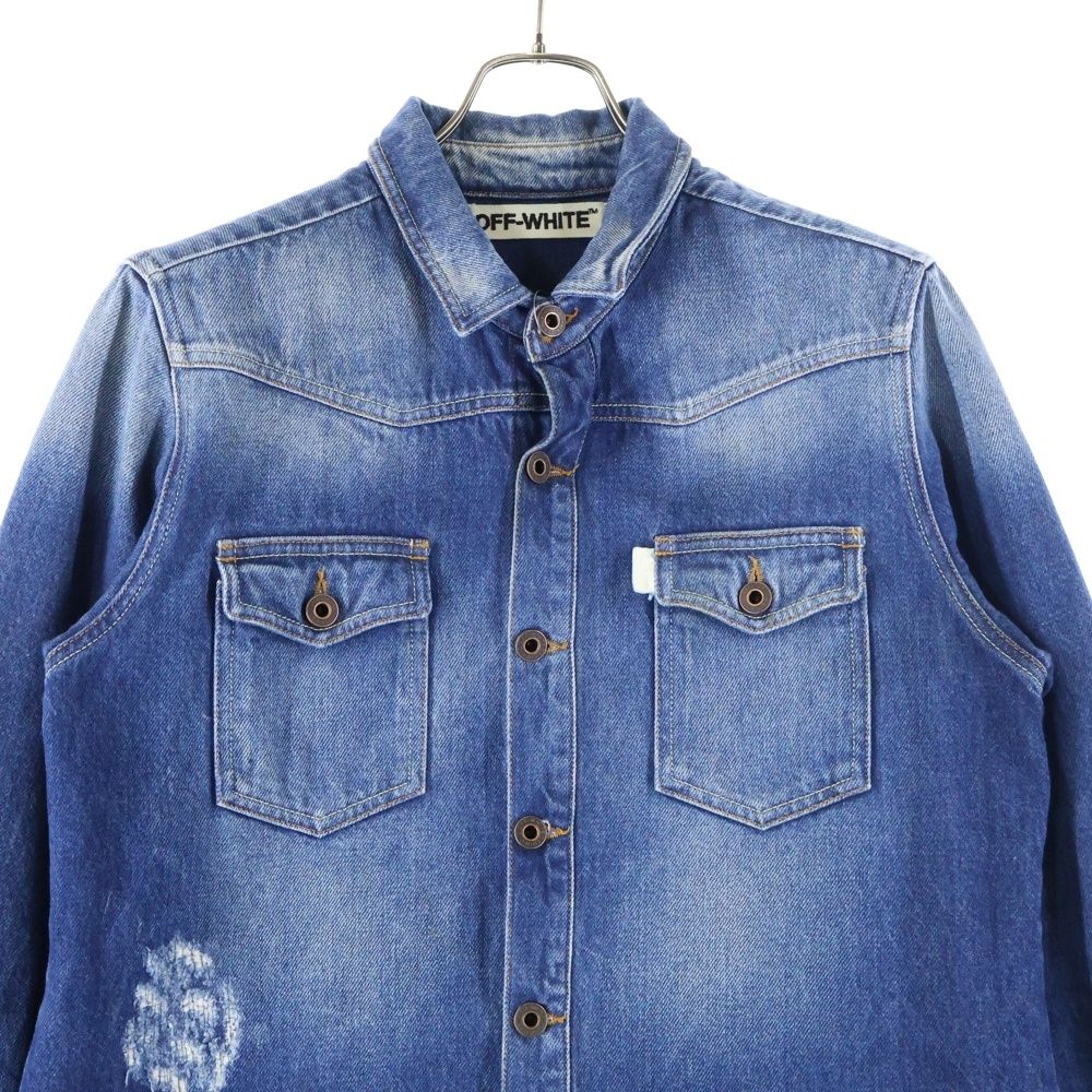 OFF-WHITE オフホワイト DENIM SHIRT ダメージ加工 バックプリント デニム ウエスタン長袖シャツ インディゴ KANDAIZUMI_COM