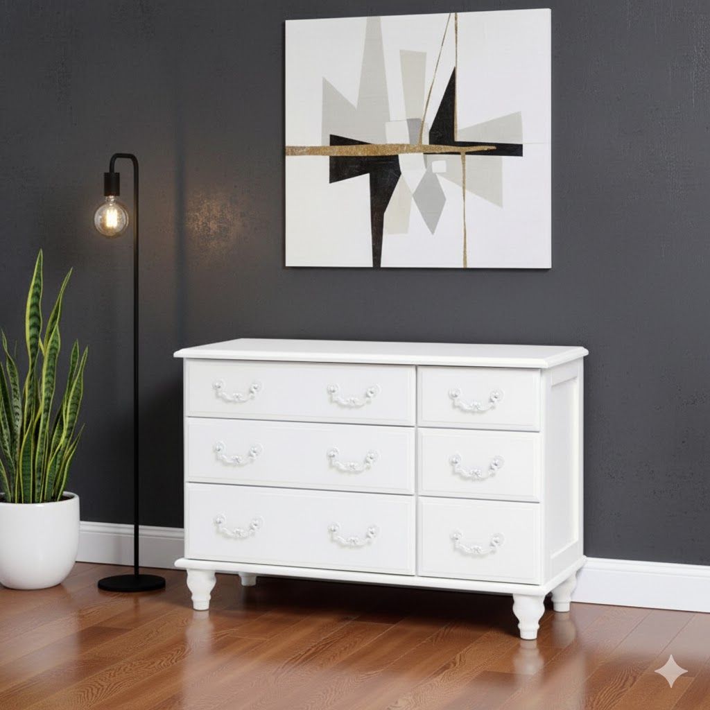 E ヨーロピアン調 白家具 上品な取っ手が光る 3段6杯 チェスト FF16779