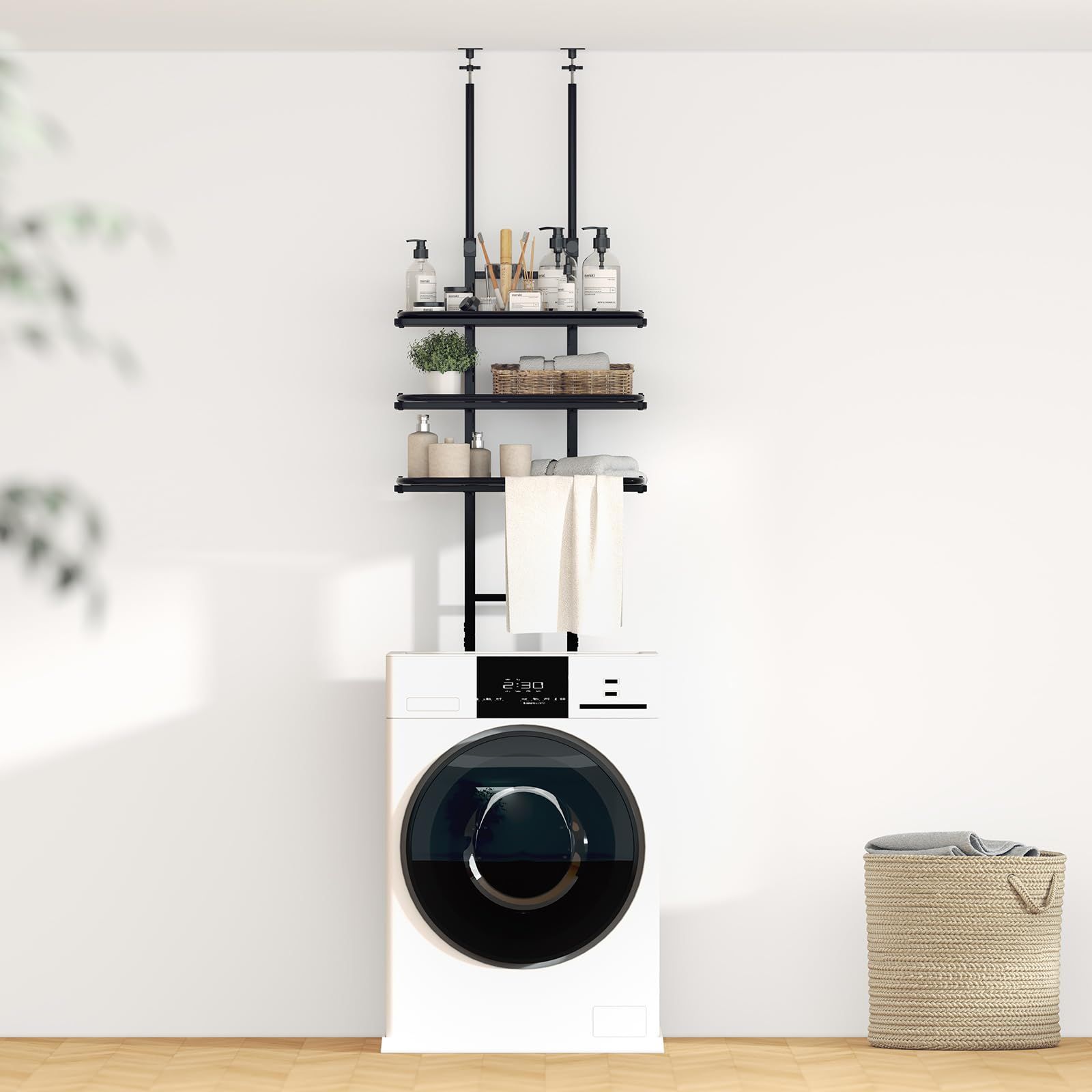 LunarLight ランドリーラック 洗濯機ラック 突っ張り式 収納棚 棚3段 省スペース スリム 8段階 高さ調整 洗濯パン対応 伸縮 シャワールーム収納 組み立て簡単 幅60cm 高さ203~280cm ブラック 幅60㎝