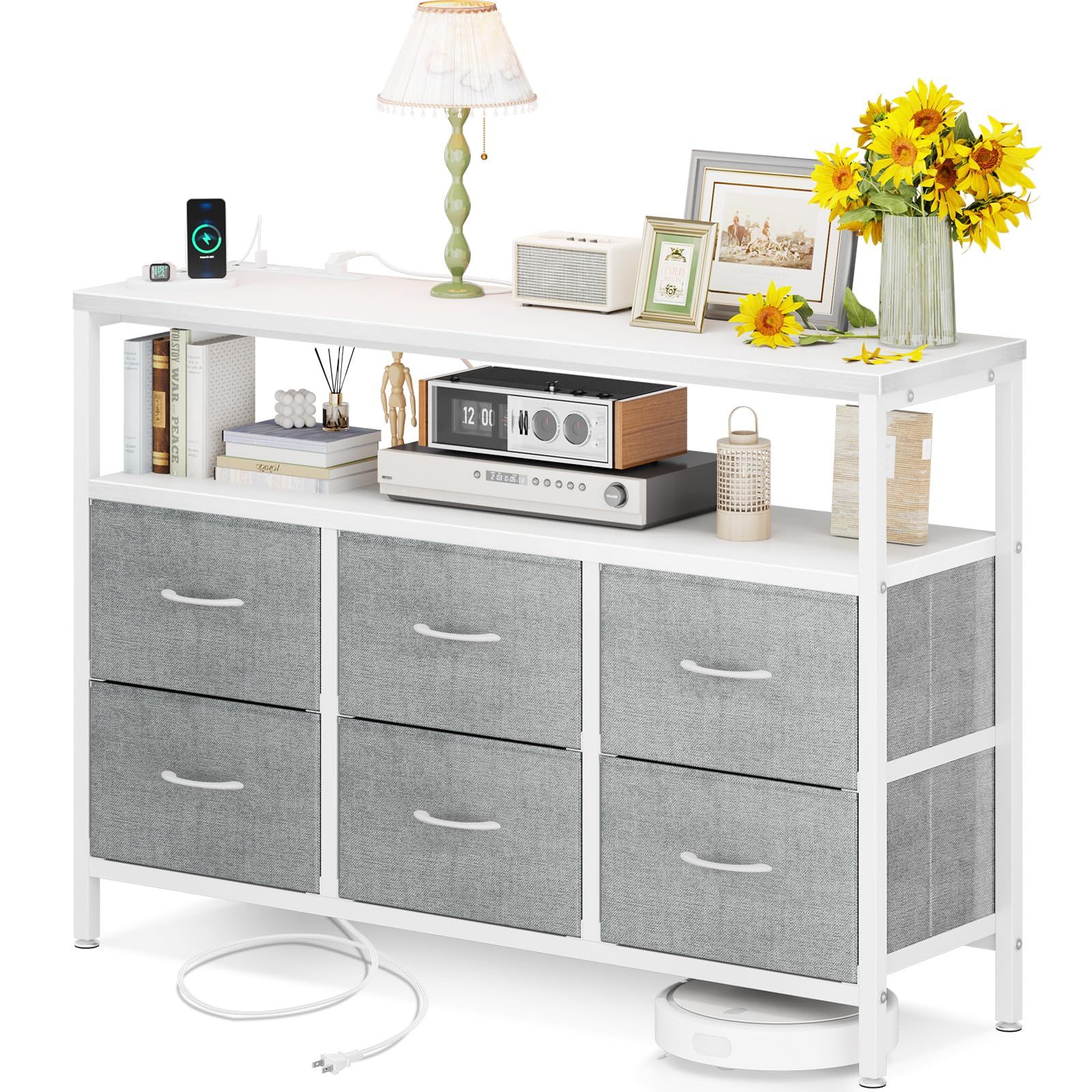 AODK チェスト タンス 収納ケース 布製 木製天板付き コンセント付き 衣類収納 棚 リビング収納 引き出し6杯付き 衣装ケース 箪笥 転倒防止 大容量 安定感 省スペース 簡単組立 3段6杯 幅100×奥行30×高さ85cm ホワイト