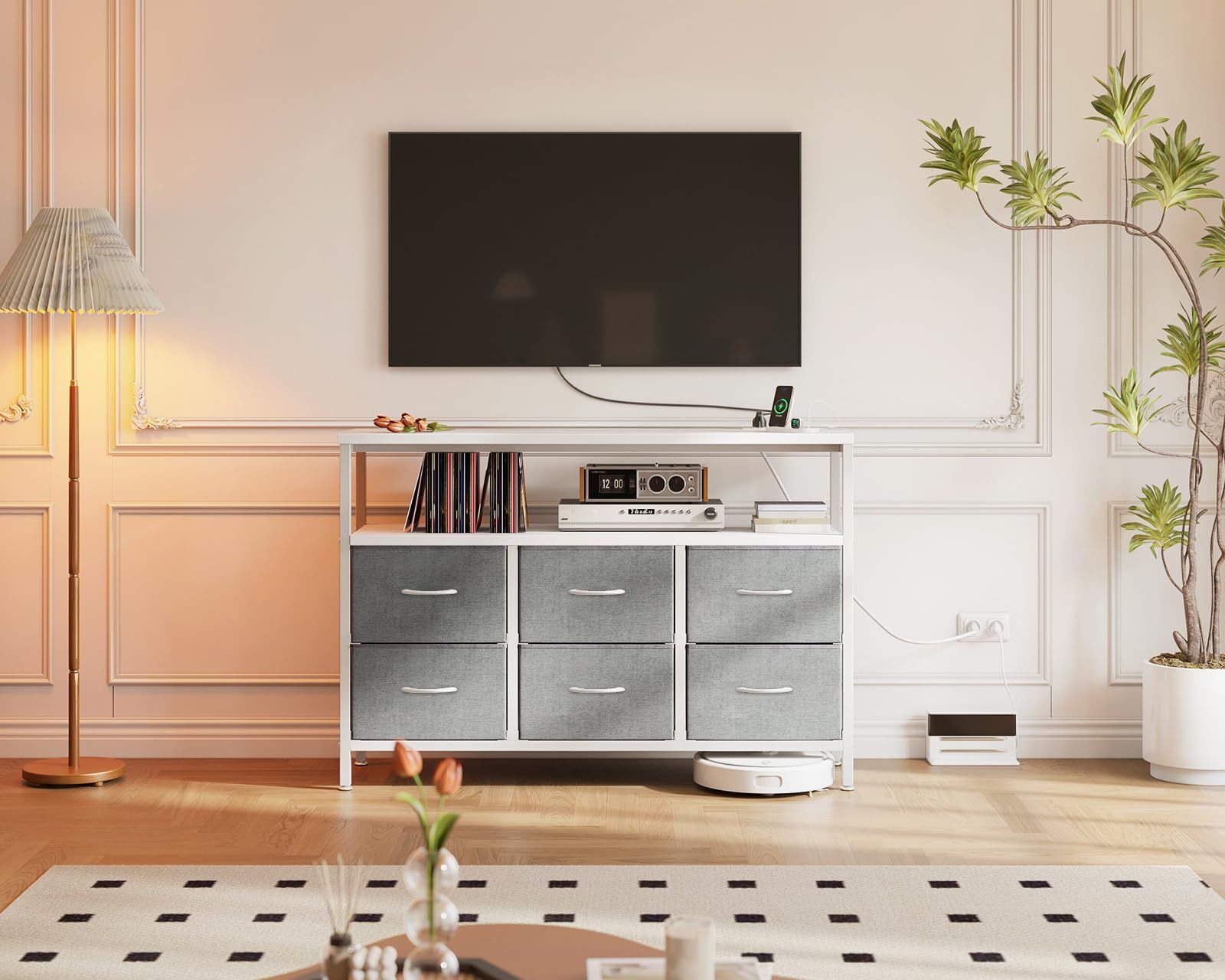 AODK チェスト タンス 収納ケース 布製 木製天板付き コンセント付き 衣類収納 棚 リビング収納 引き出し6杯付き 衣装ケース 箪笥 転倒防止 大容量 安定感 省スペース 簡単組立 3段6杯 幅100×奥行30×高さ85cm ホワイト