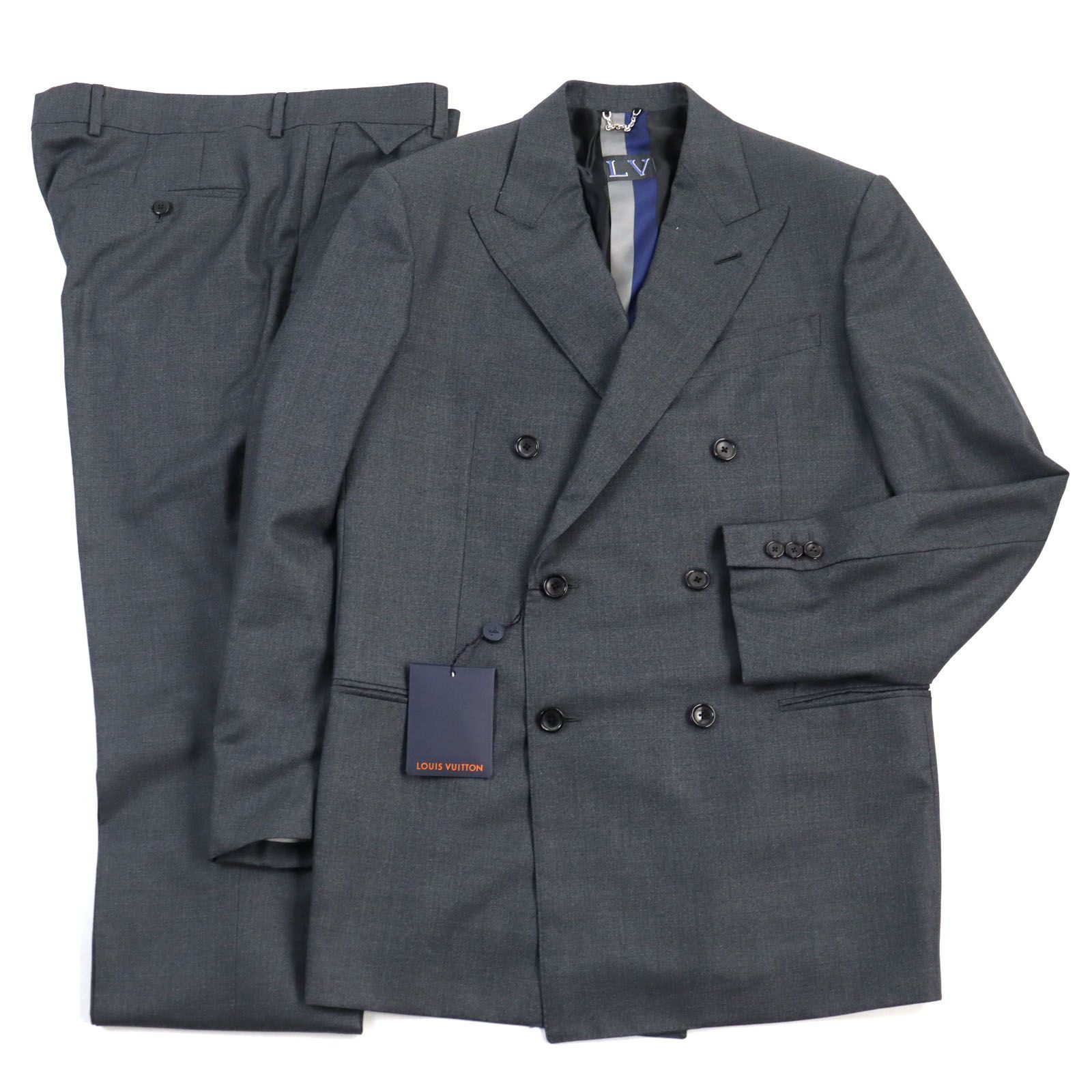 LOUIS VUITTON ルイヴィトン HGCF7W シルク混 LVロゴ刺繍 ピークドラペル 裏地LVプリント ダブルブレスト スーツ セットアップ グレー 50 イタリア製 メンズ