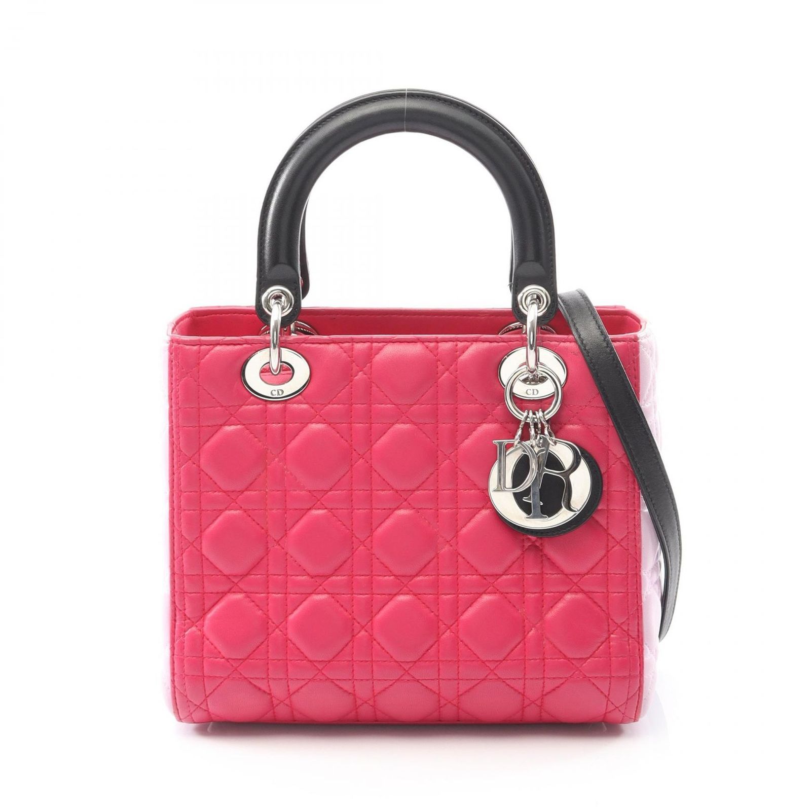 ディオール Dior ハンドバッグ LADY DIOR レディディオール カナージュ マゼンダ ライトピンク ブラック レザー レディディオール カナージュ 2wayトート レディース