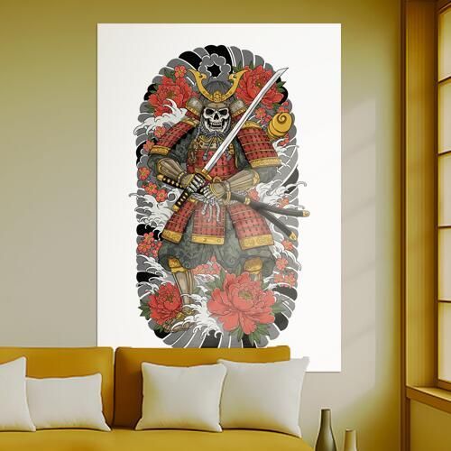 侍 武士道 死 骸骨 花 タペストリー 和モダン 和柄 浮世絵風 刺青風 昭和レトロ 壁掛け 大判 長方形 タトゥー ジャパニーズ 男気 アウトロー 壁布 赤 金 黒