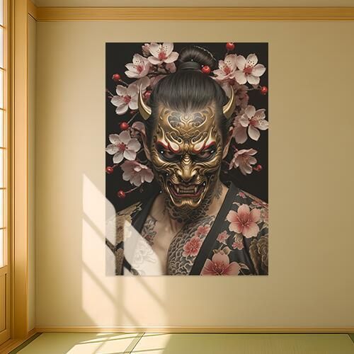 鬼 桜 着物 刺青 和風 男気 タペストリー 防犯 根性 かっこいい インテリア 大きい 撮影背景 壁掛け 大判 長方形 壁布 黒 ピンク ベージュ