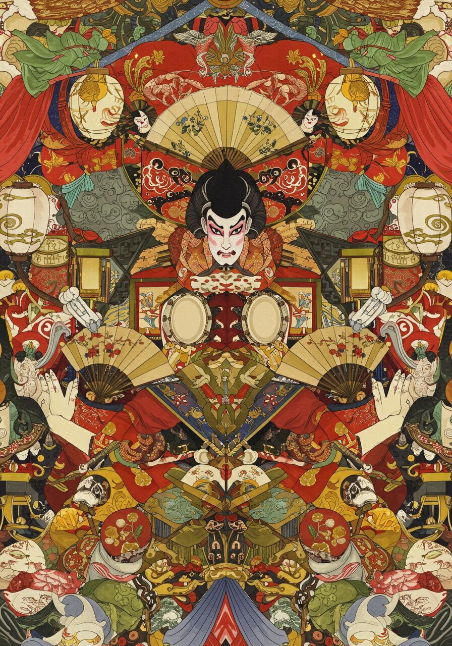 筒描き　縁起物柄　170×156　緑色　明治、大正　古布　タペストリー　　　2 歌舞伎 扇子 灯篭 日本画 伝統芸能 タペストリー 和モダン 和柄 浮世絵