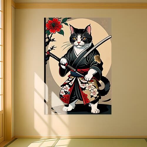 猫 武士 刀 着物 花 タペストリー 和モダン 和柄 浮世絵風 刺青風 昭和レトロ 壁掛け 大判 長方形 タトゥー ジャパニーズ 男気 アウトロー 壁布 黒 白 赤