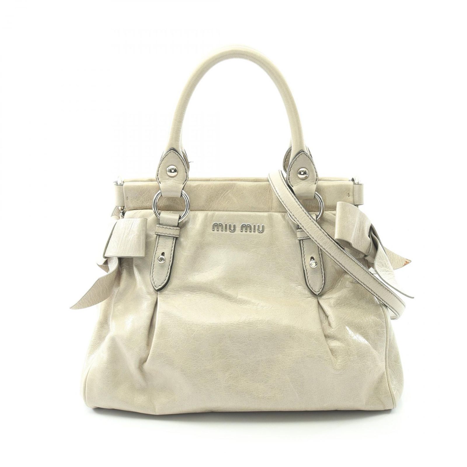 ミュウ ミュウ Miu Miu ハンドバッグ VITELLO LUX ライトグレー レザー サイドリボン 2wayトートバッグ レディース Used B