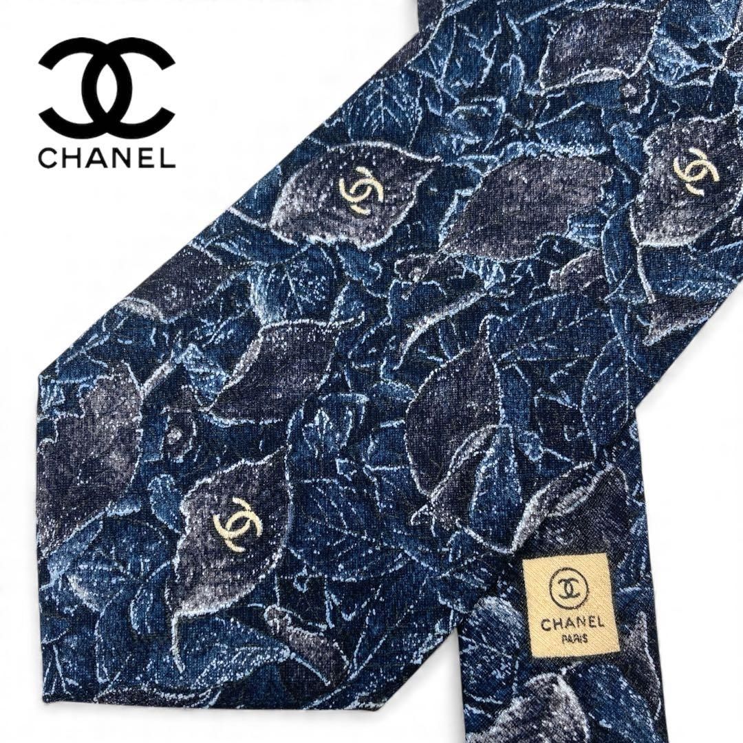 CHANEL シャネル ネクタイ ココマーク 葉リーフ 柄 イタリア製 ネイビー