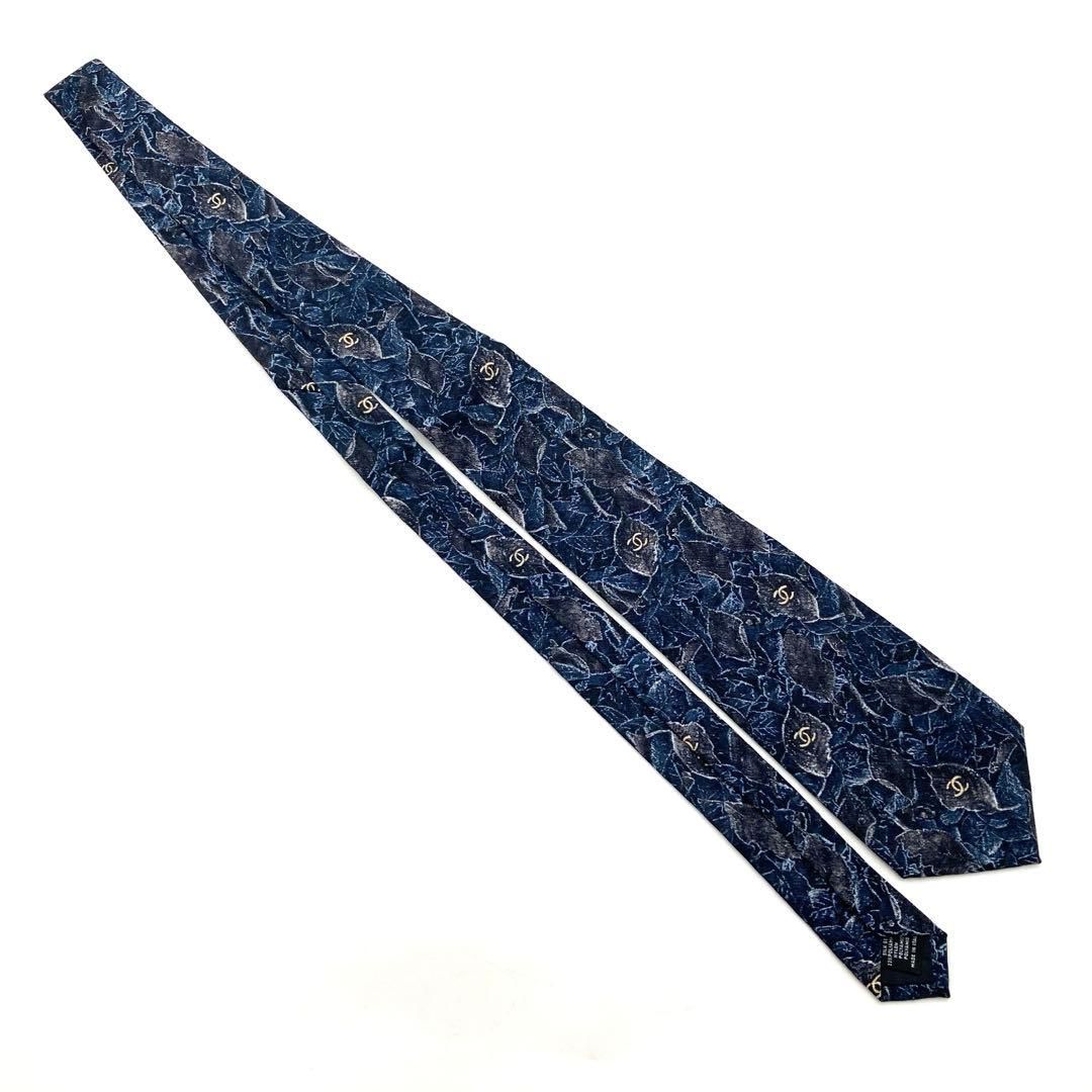  CHANEL シャネル ネクタイ ココマーク 葉リーフ 柄 イタリア製 ネイビー ネクタイ 小物