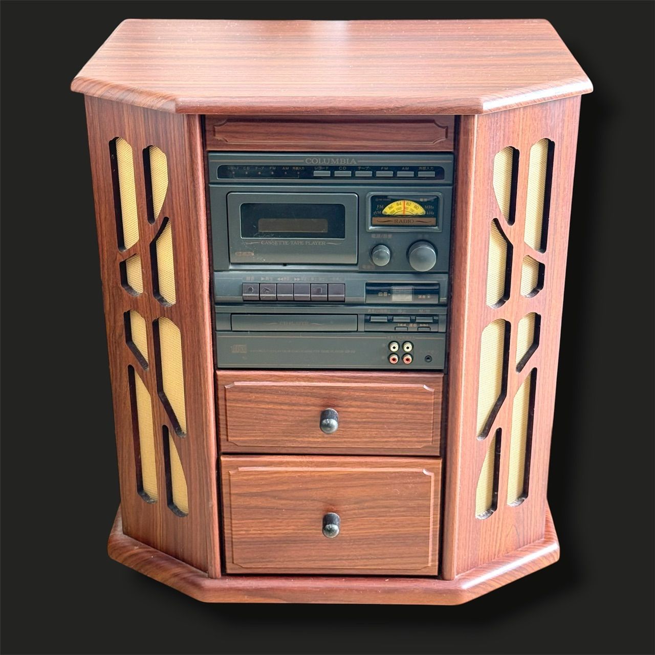 動作 済 COLUMBIA GP-70 家具調ステレオ レコード CD カセット FM AM 一体型 プレーヤー 音聴箱 2006年製 木製キャビネット 引き出し付 レトロ インテリア 日本コロンビア