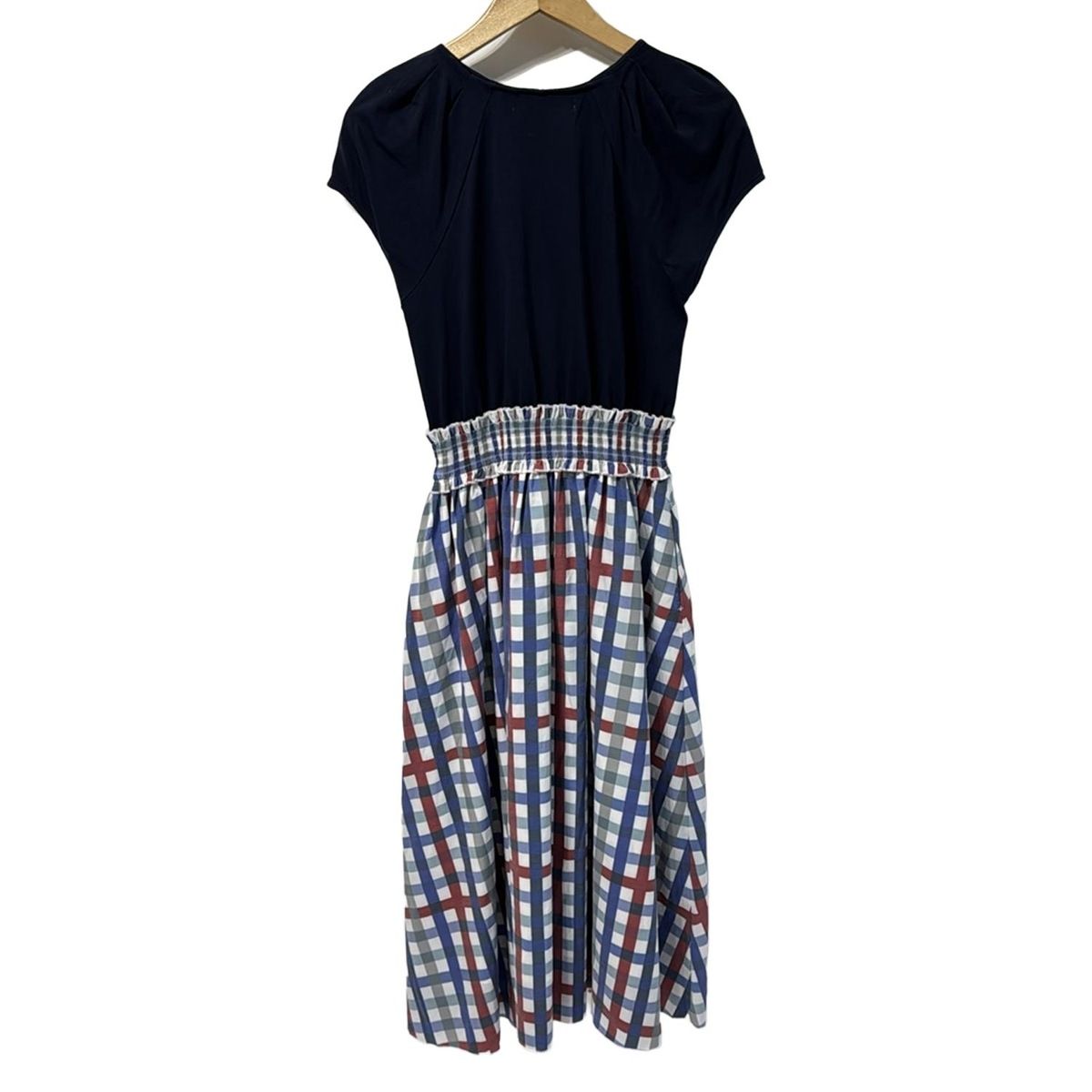 レディース ネイビーとチェック柄 半袖ロングワンピース ネイビー