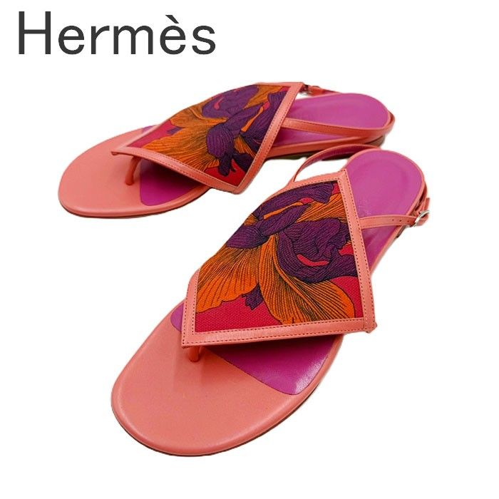 エルメス サンダル アンクルストラップ フラワー刺繍