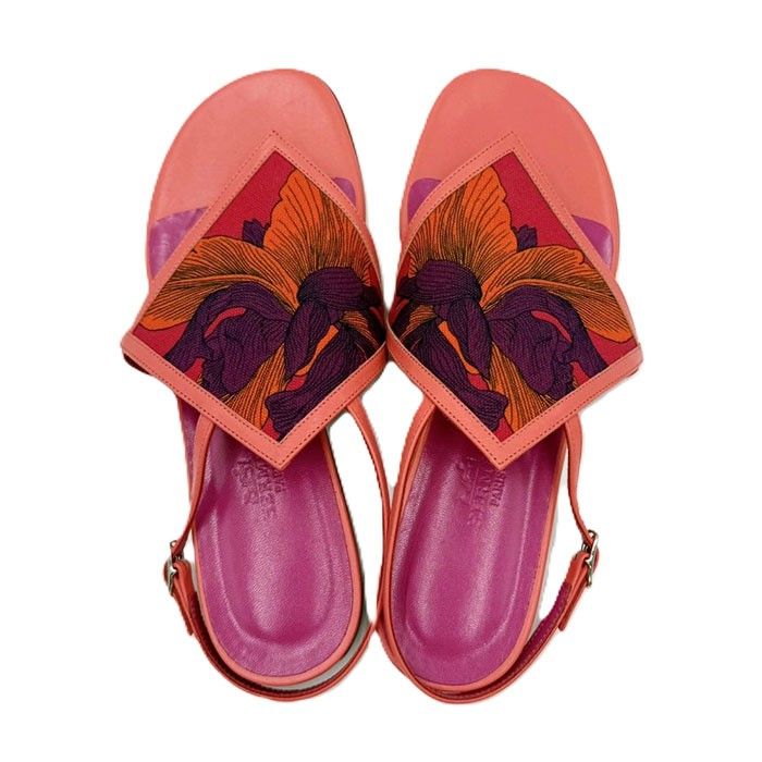 エルメス サンダル アンクルストラップ フラワー刺繍