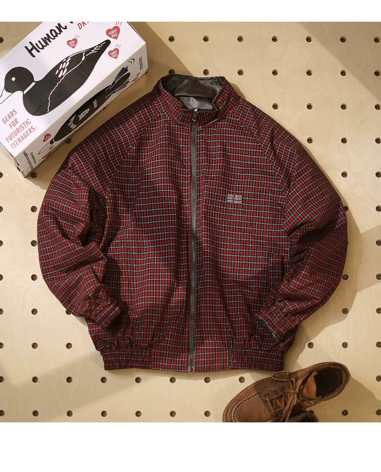 h 秋季 ｜ユニセックス 両面着用 ヴィンテージ風 ハリントン ジャケット フェイクレザー × 配色チェック｜ワイドシルエット｜バイカースタイル KANDAIZUMI_COM