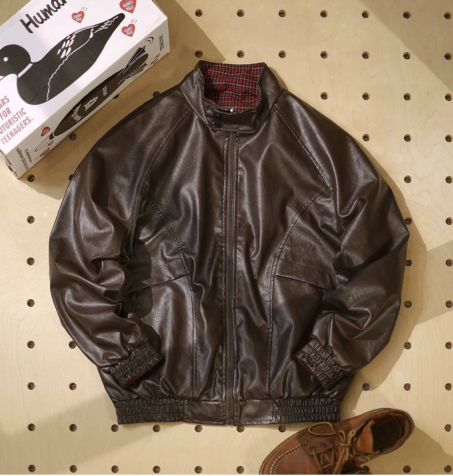 h 秋季 ｜ユニセックス 両面着用 ヴィンテージ風 ハリントン ジャケット フェイクレザー × 配色チェック｜ワイドシルエット｜バイカースタイル