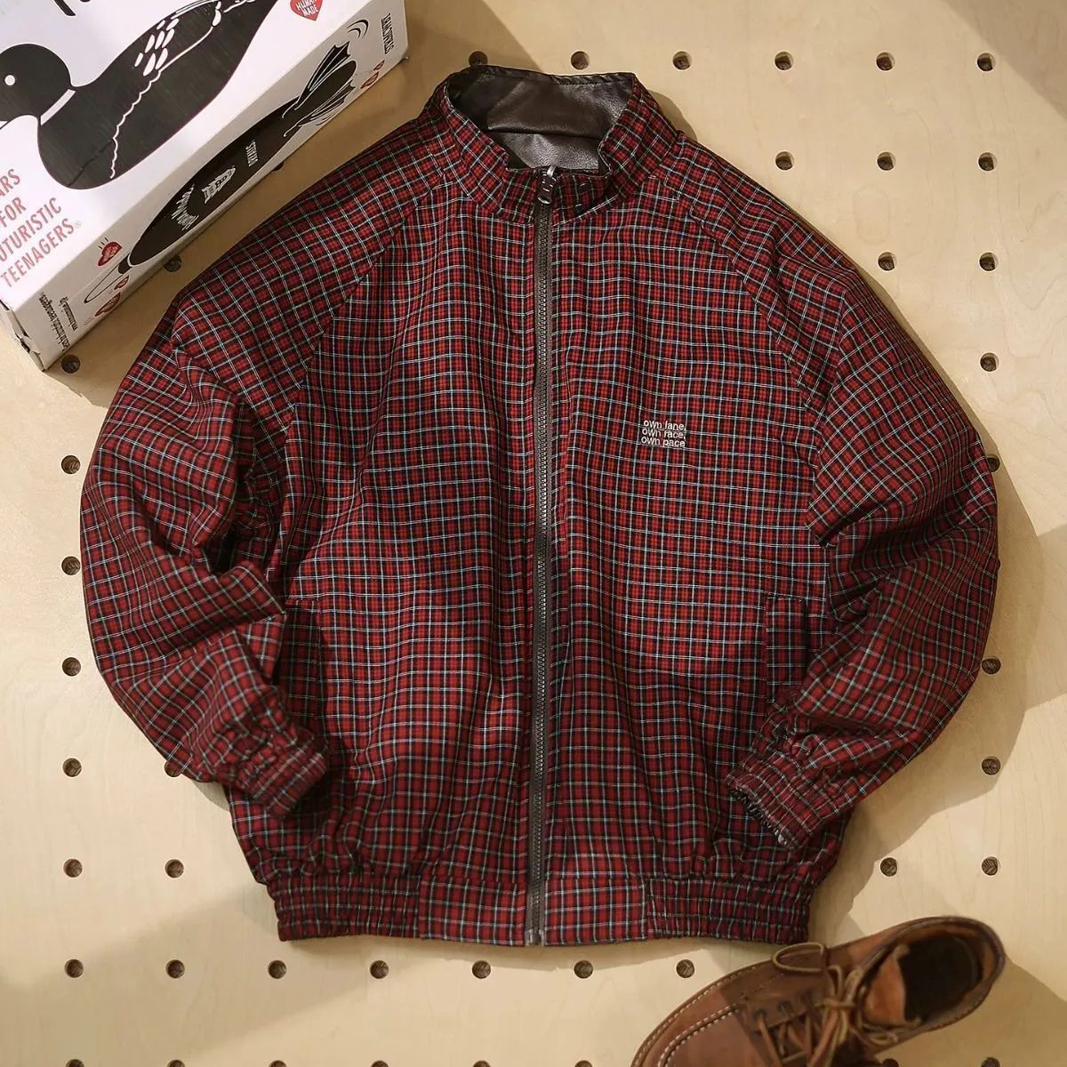 h 秋季 ｜ユニセックス 両面着用 ヴィンテージ風 ハリントン ジャケット フェイクレザー × 配色チェック｜ワイドシルエット｜バイカースタイル