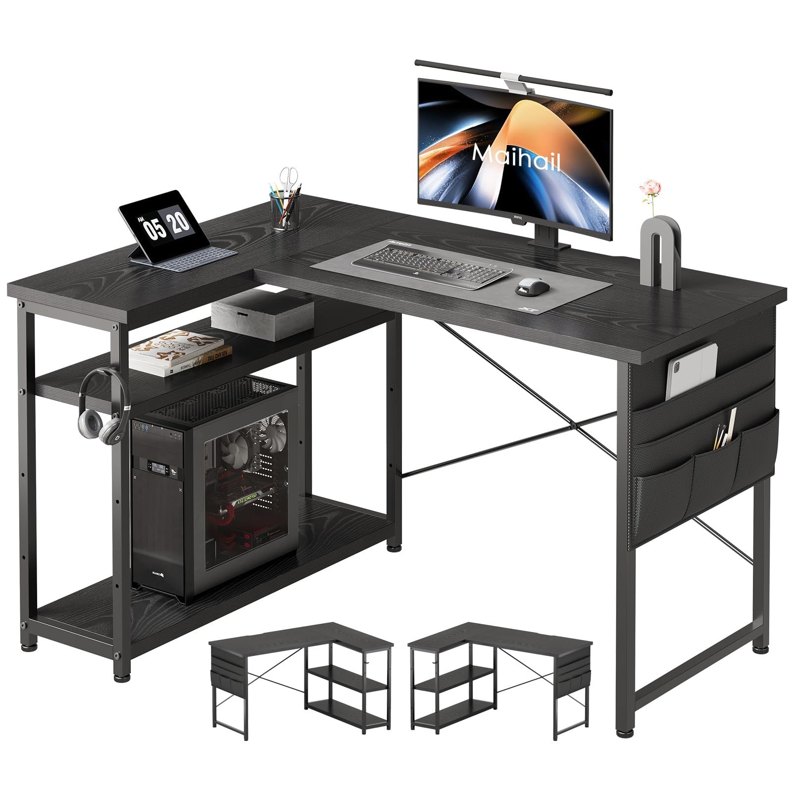 Maihail デスク 机 pcデスク パソコンデスク l字デスク 右棚左棚 幅120cm つくえ 棚板高さ調節 作業机 L字型 勉強机 リモートワーク ラック付き 黒い