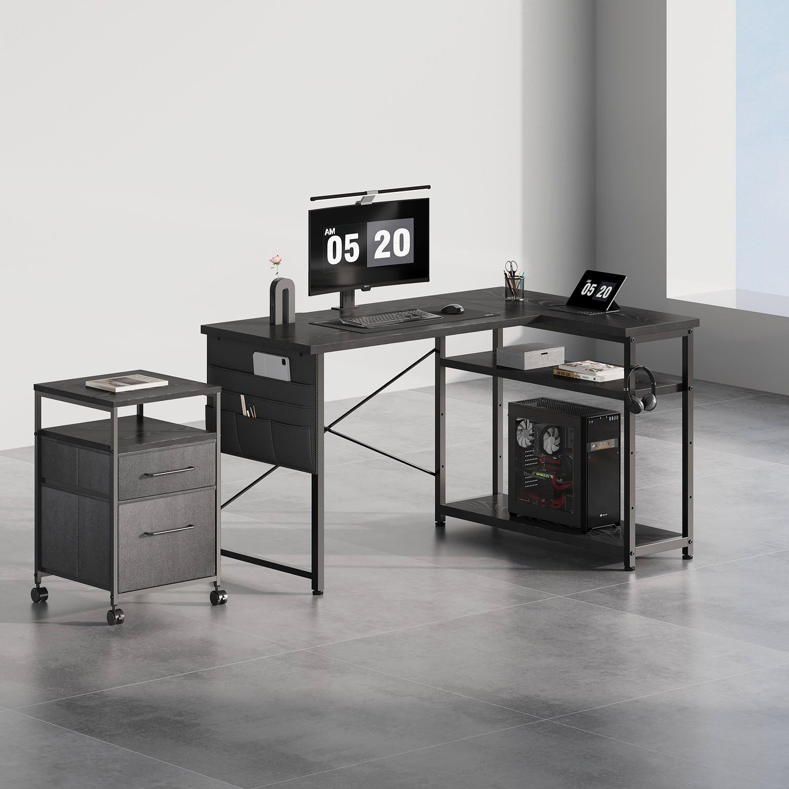 Maihail デスク 机 pcデスク パソコンデスク l字デスク 右棚左棚 幅120cm つくえ 棚板高さ調節 作業机 L字型 勉強机 リモートワーク ラック付き 黒い